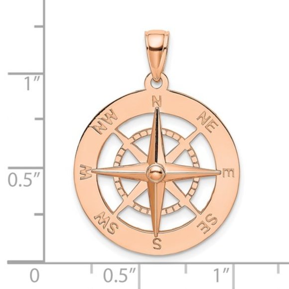 14k Yellow or Rose Gold Nautical Compass Necklace Pendant UNISEX 21.78 x 28.67mm - Picture 4 of 5